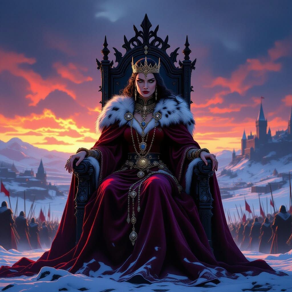 Stoic Queen on Throne Overlooking Battlefield
