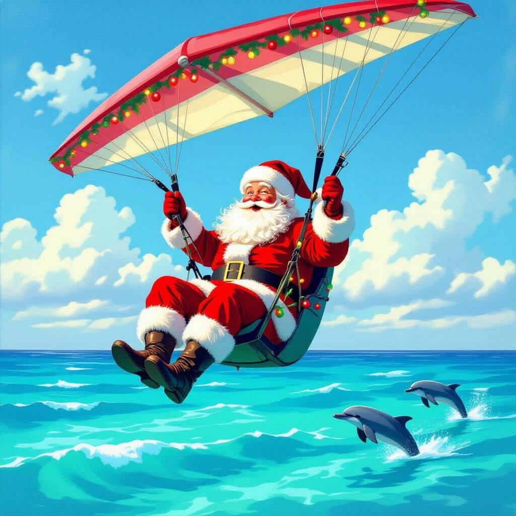Jolly Santa Hang Glides Over Turquoise Ocean on Sunny Christ...