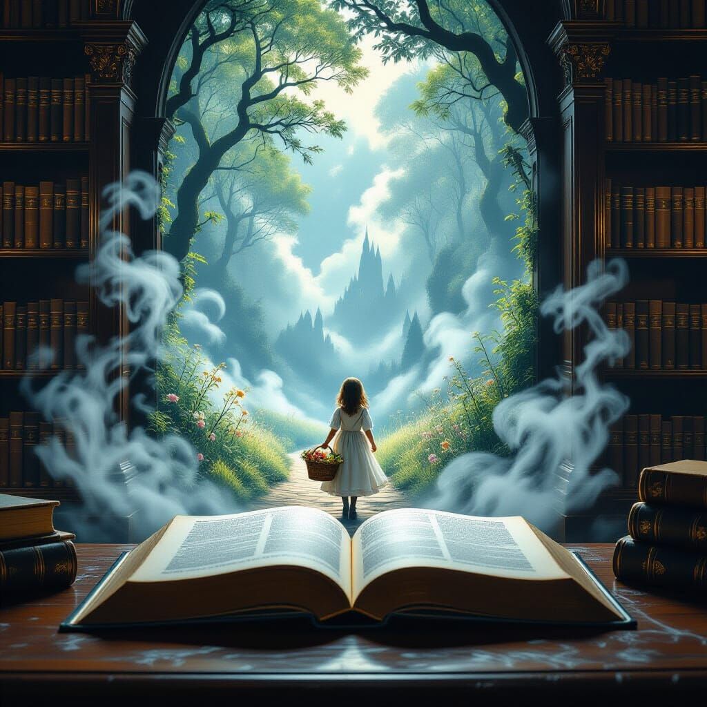 Open Book Reveals Fantasy Forest Path With Flower Girl