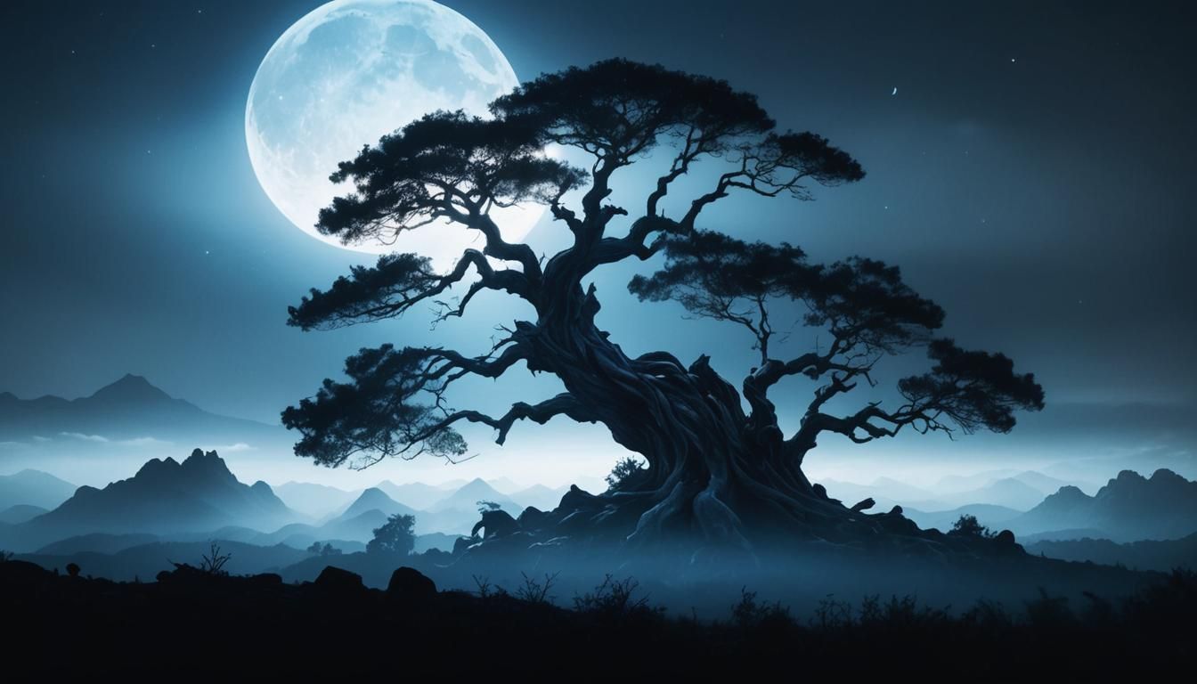 Dramatic Backlit Tree Under Moonlight Photography