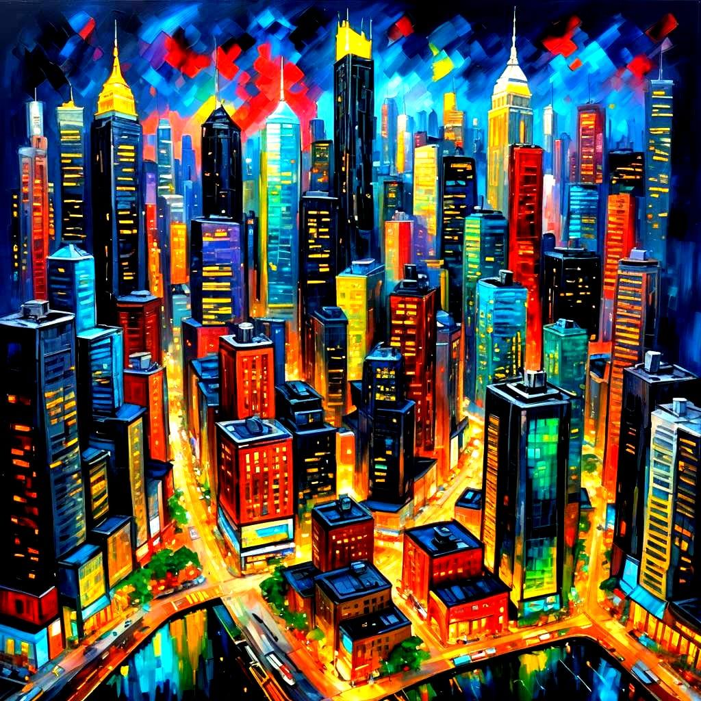 Expressionist Cityscape at Night in Impasto Style