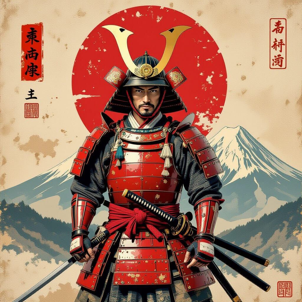 Samurai Warrior with Mount Fuji in Collage Style