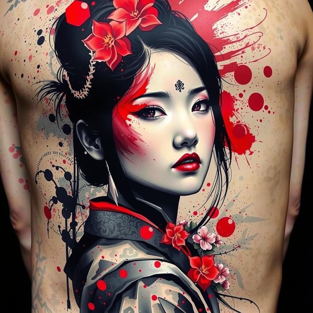 Ink Splatter Japanese Tattoo of Asian Woman