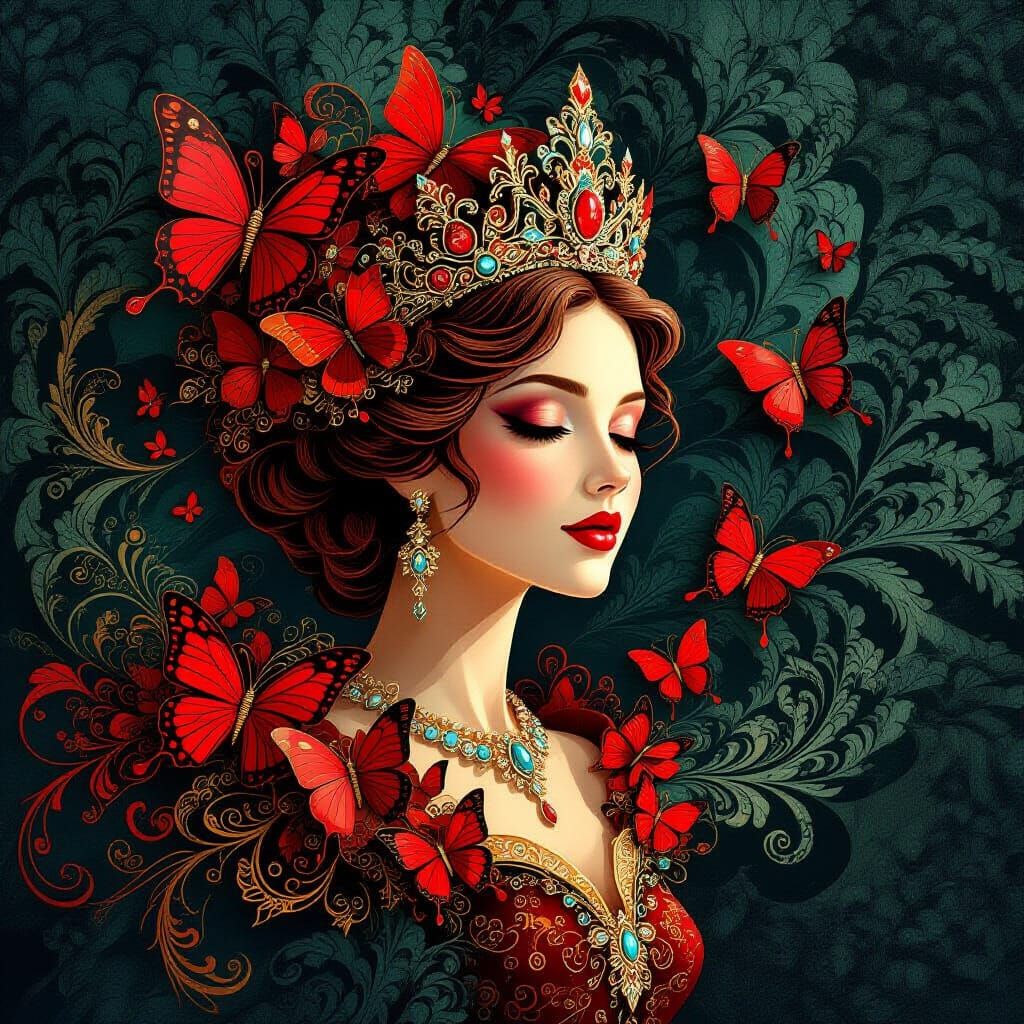 Regal Queen Adorned With Red Butterflies in Fractal Design