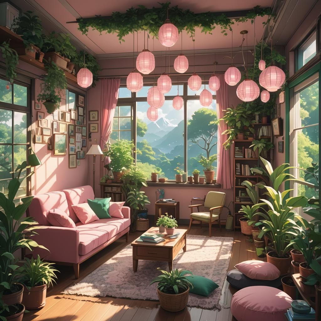 Cozy Pink Room in Studio Ghibli Anime Style