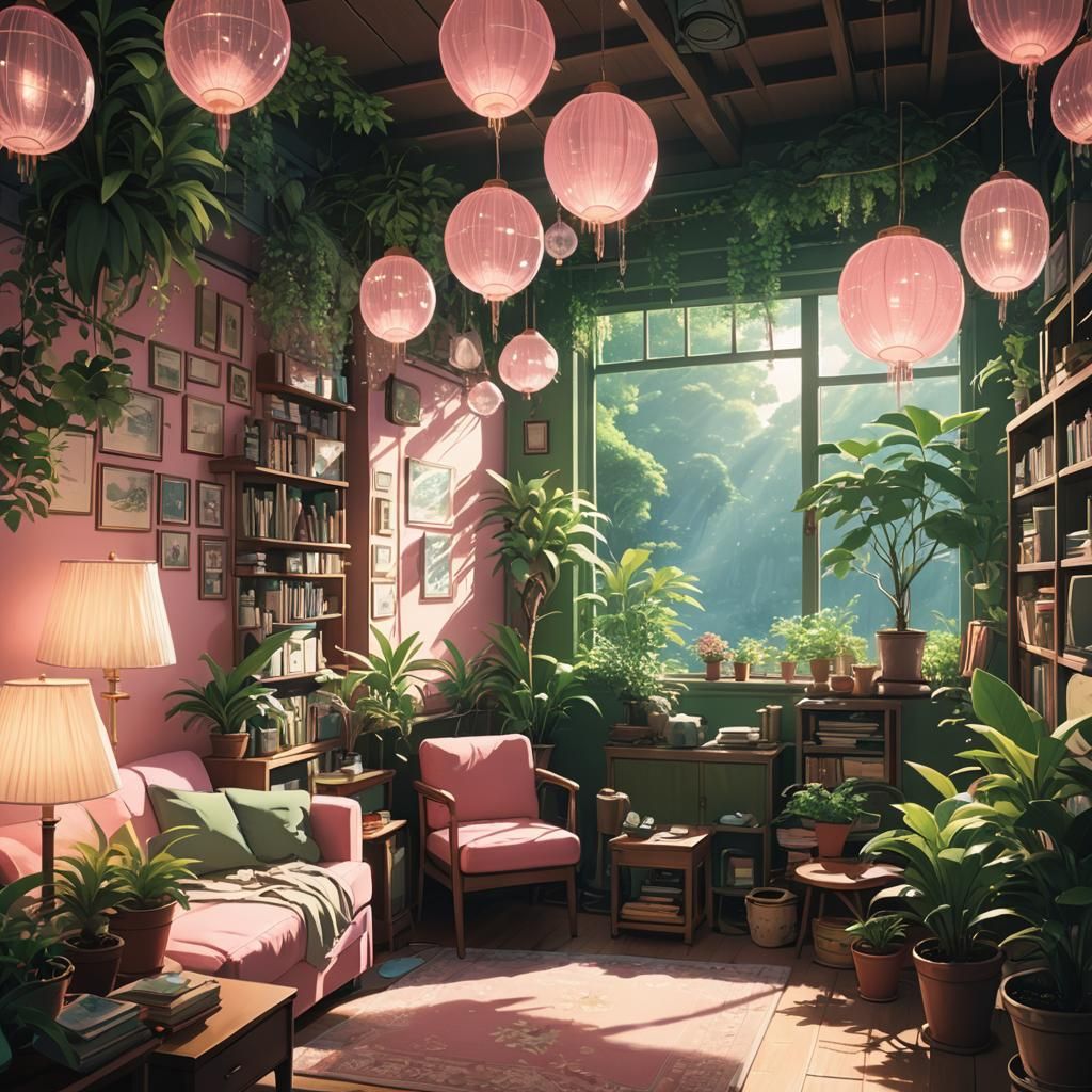 Cozy Pink Room in Studio Ghibli Anime Style