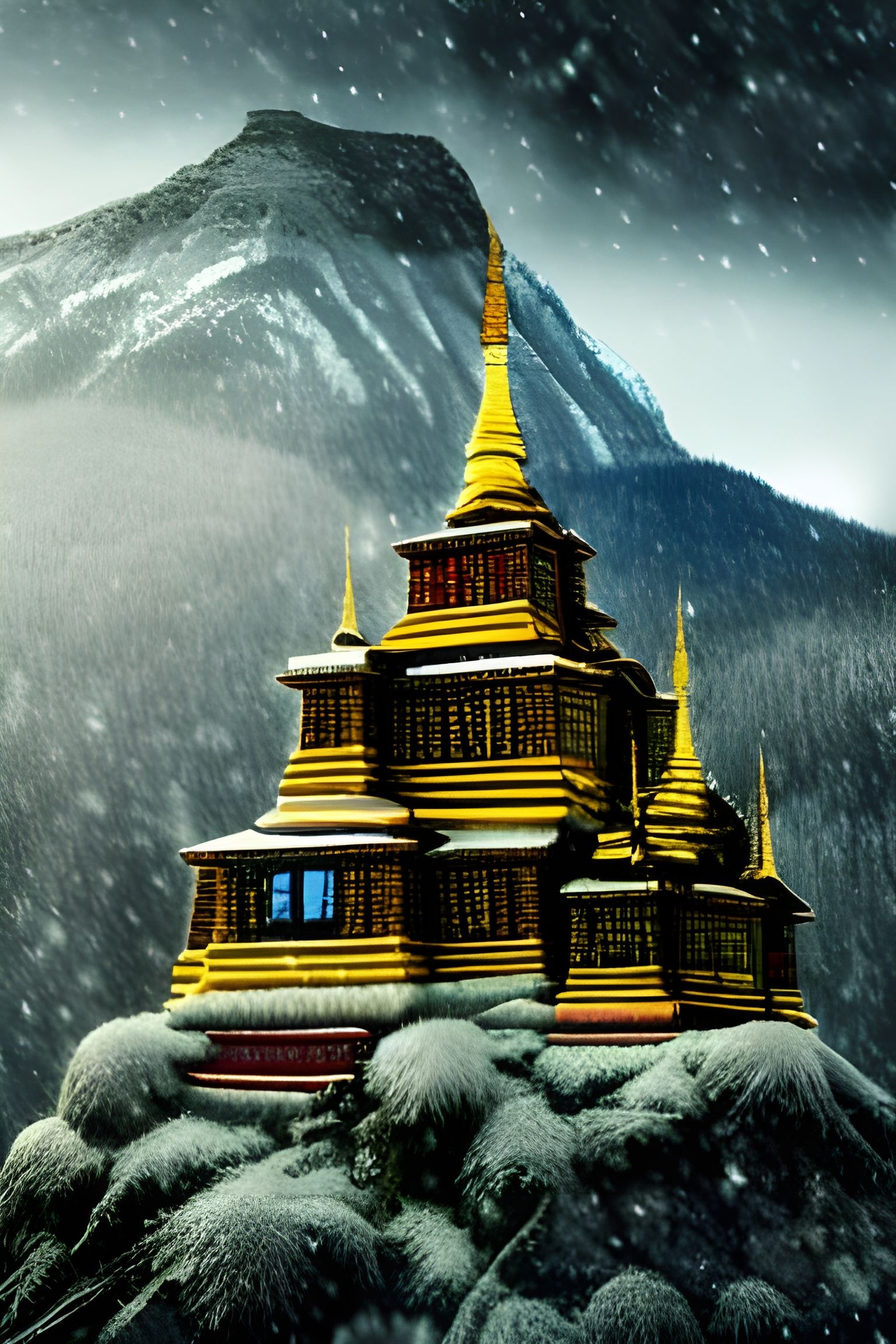 Winter Monastery in Snowstorm: Ink Painting