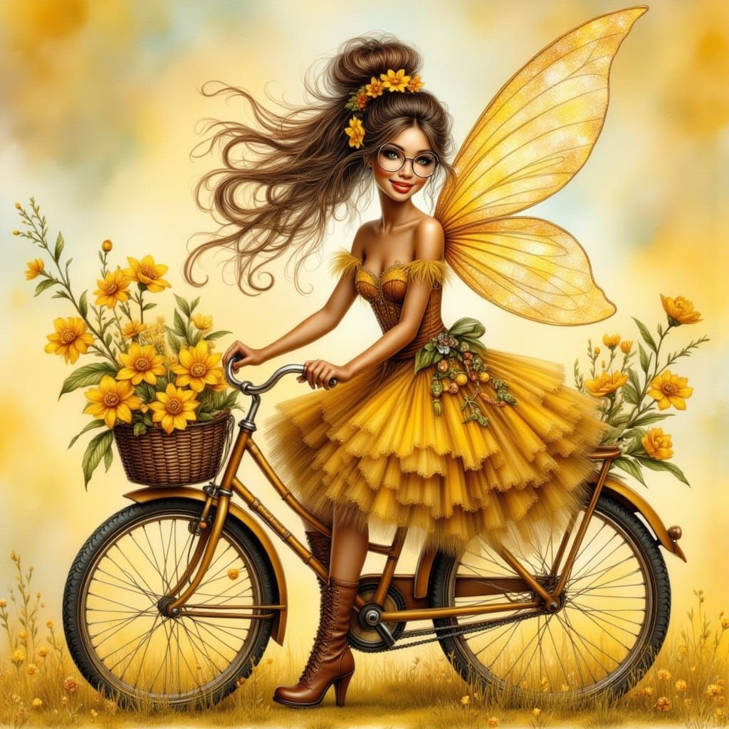 Whimsical Yellow Daffodil Fairy on a Bicycle