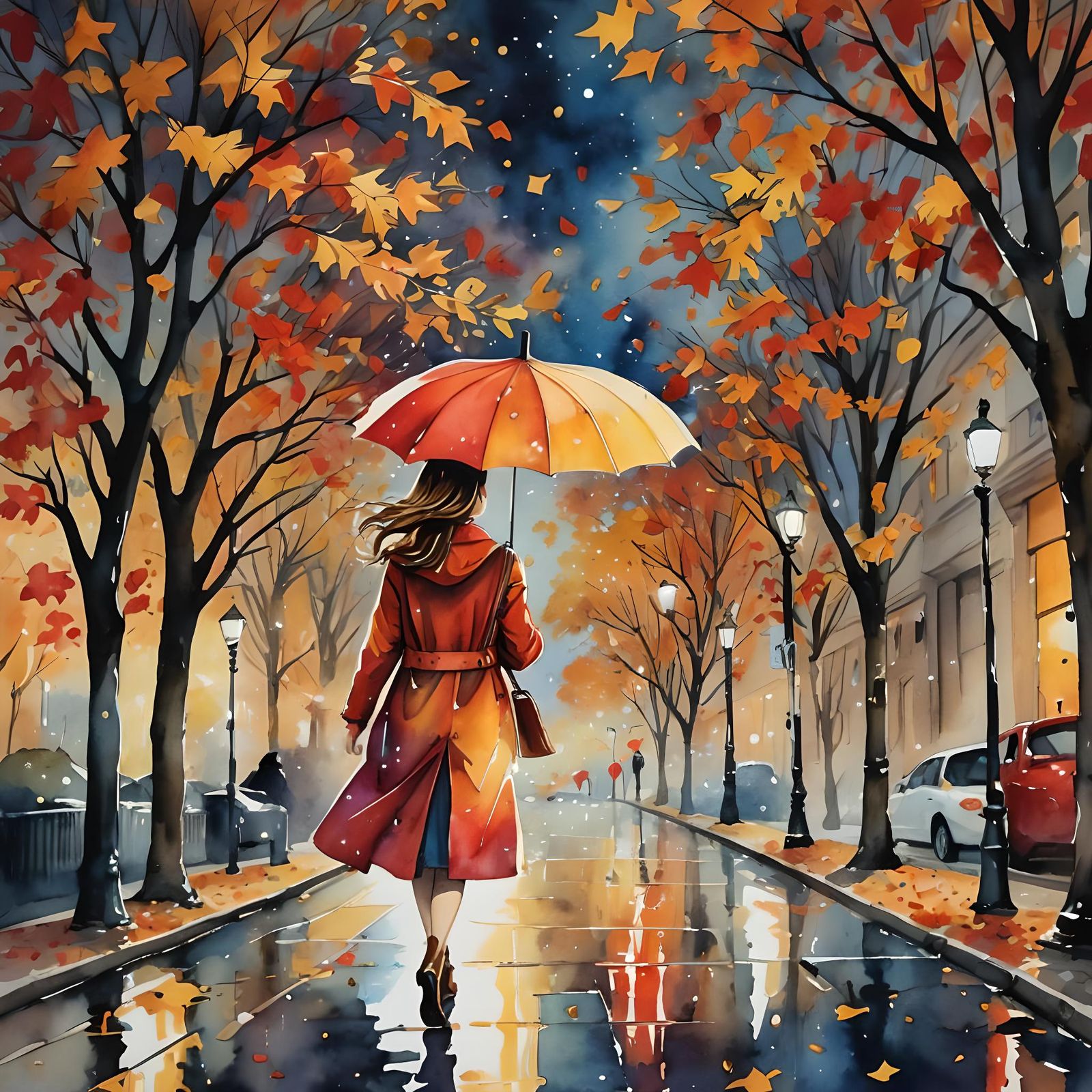 City Night Scene in Watercolor with Golden Light