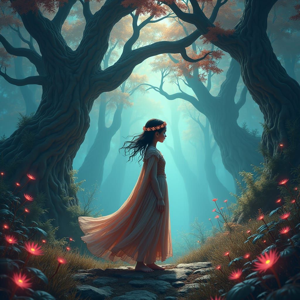 Mystical Forest Girl in Dreamlike Landscape