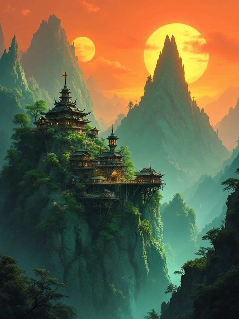 Fantasy Stilt Village on Emerald Mountains