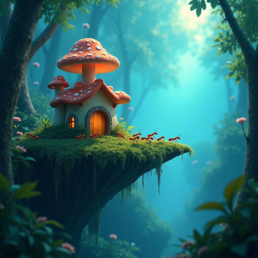 Fairy Mushroom House in Bioluminescent Forest
