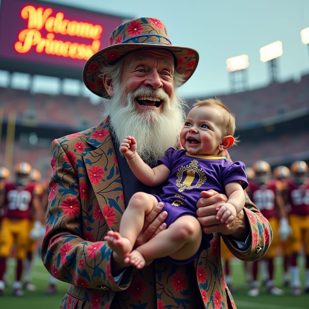 Surreal Floral Man Holds Royal Baby in Stadium