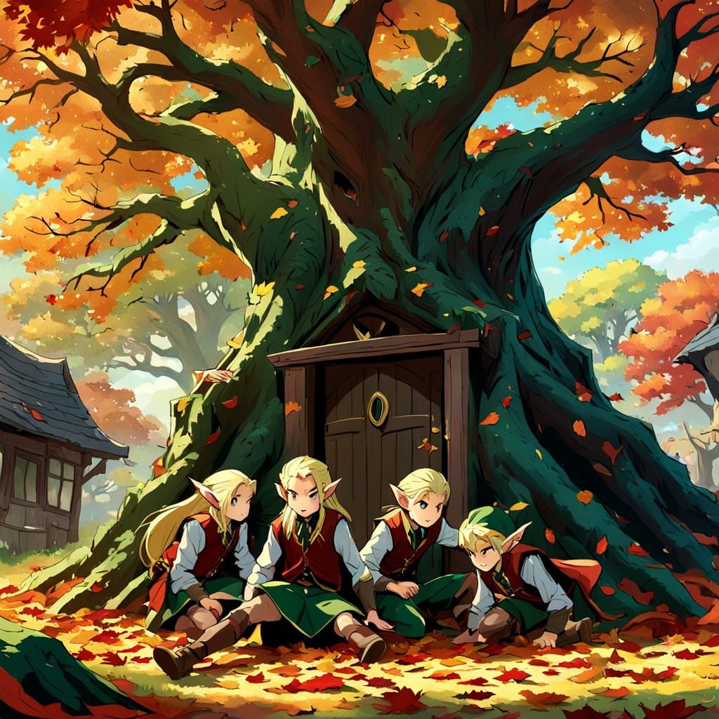 Elves in Waistcoats Play in Autumn Leaves