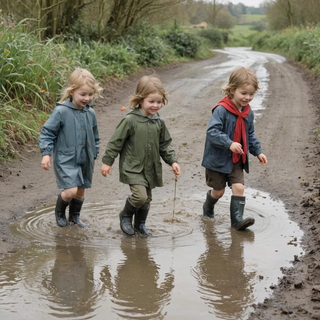Children Playing in Puddles, Storybook Illustration