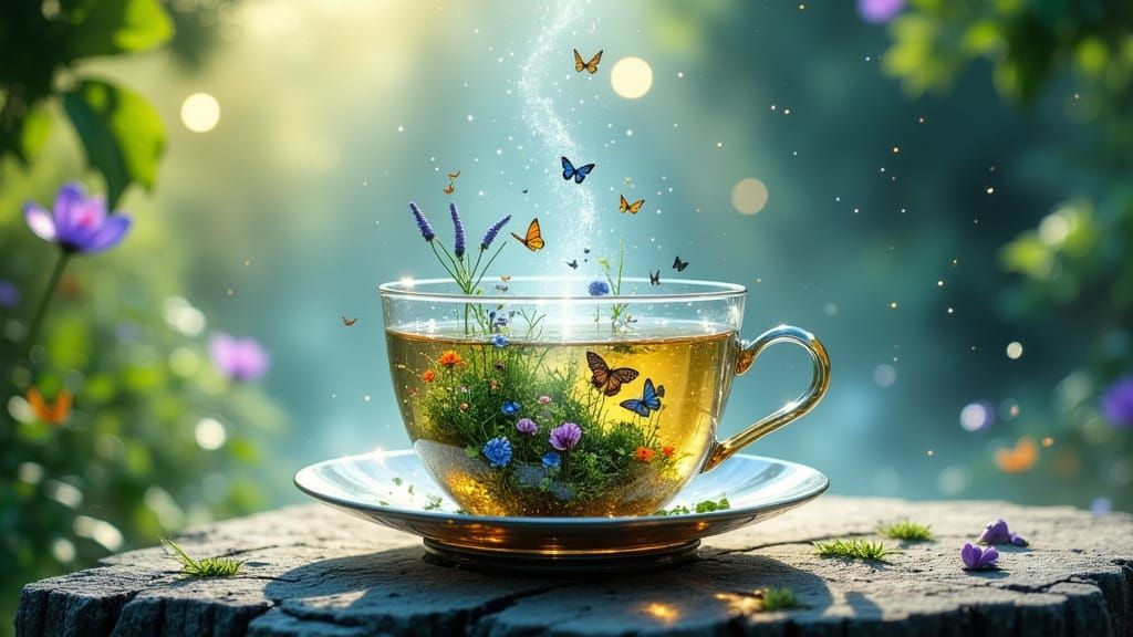 Teacup Garden with Butterflies and Forest Background