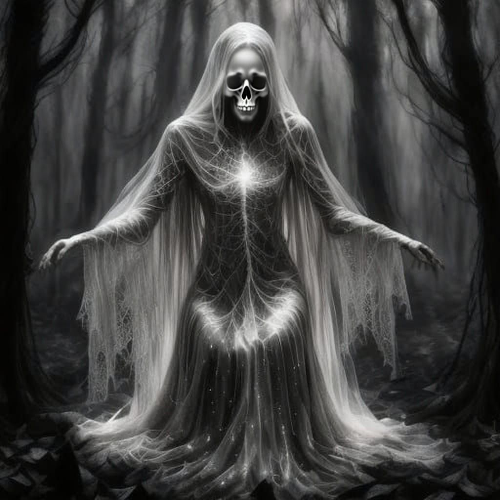 Ethereal Ghost in Dark Forest, Hazy Painting Style