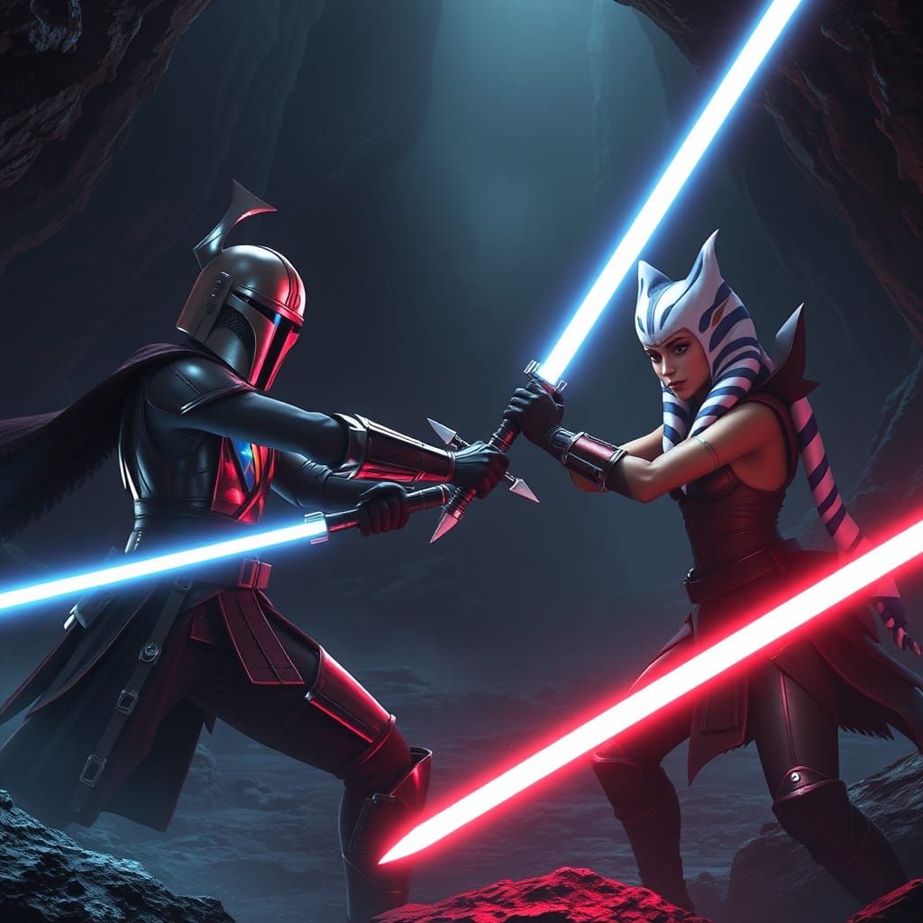 Mandalorian and Sith Duel in Grotto, Fantasy Concept Art