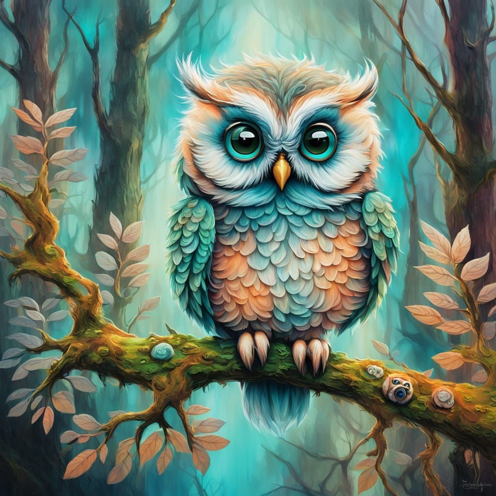 Fluffy Baby Owl in Misty Forest, Comic Book Oil Painting Sty...