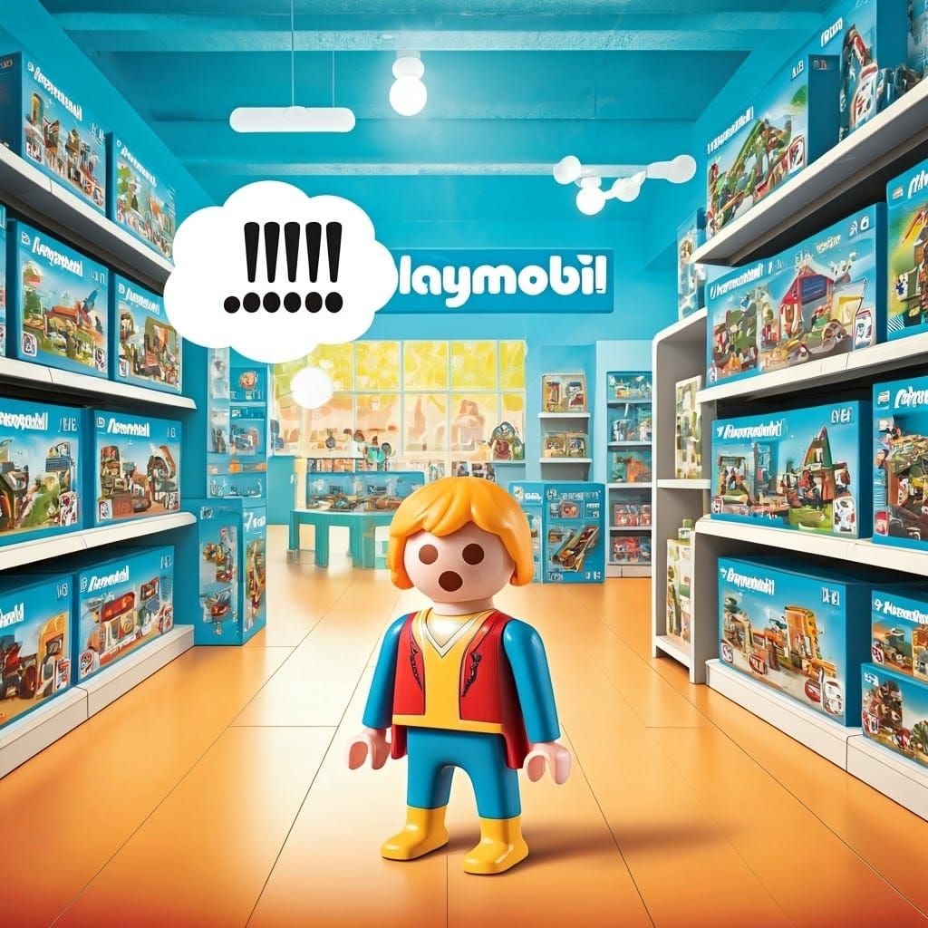 Whimsical Playmobil Store Dilemma in Vibrant Retro Style