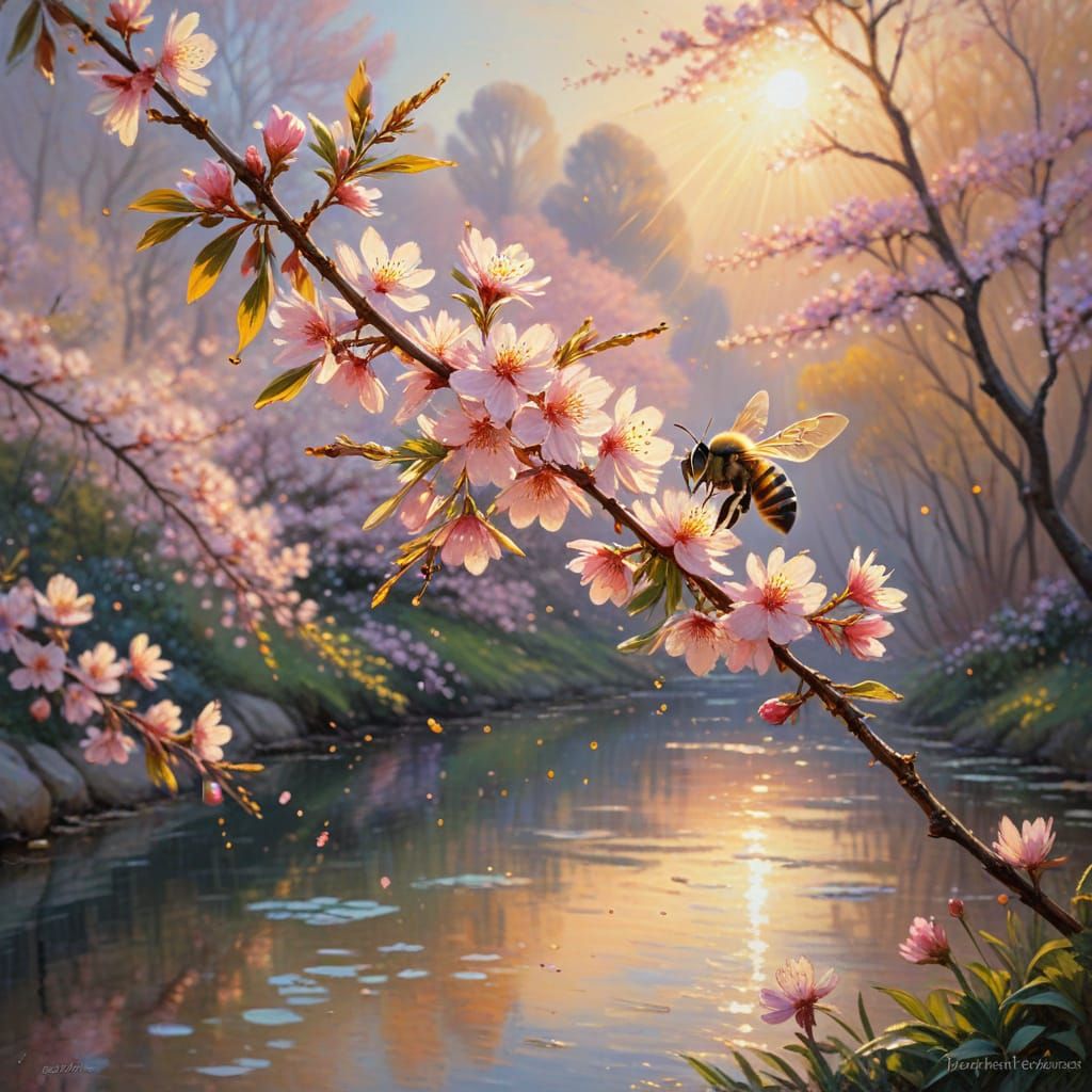 Sakura Blossoms Dance with a Golden Bee in Soft Impressionis...