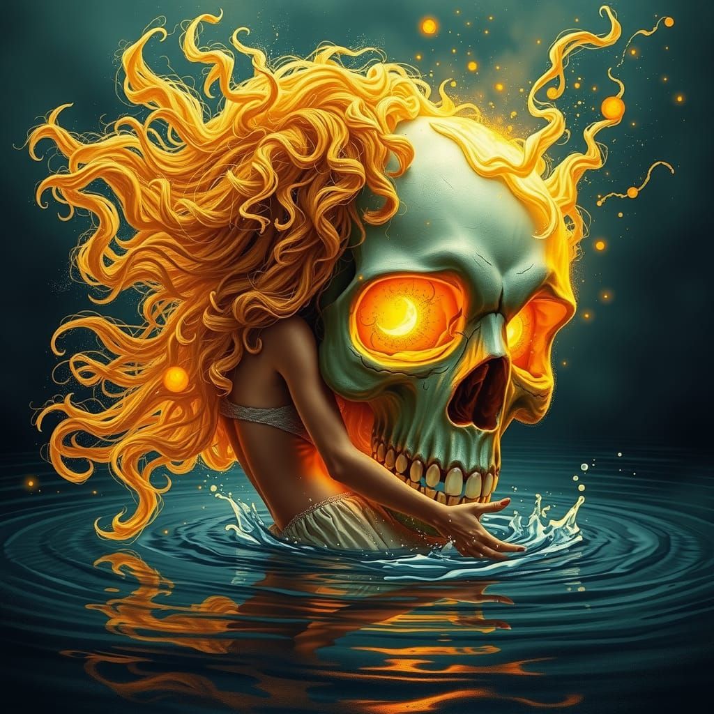 Fiery Beauty Merging with Mystical Skull