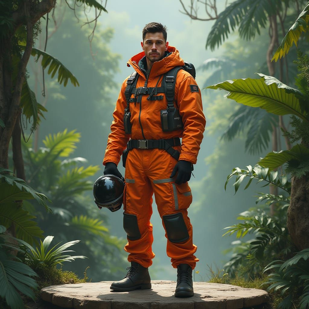 Resistance Pilot in Lush Rainforest, Hyperrealistic Style