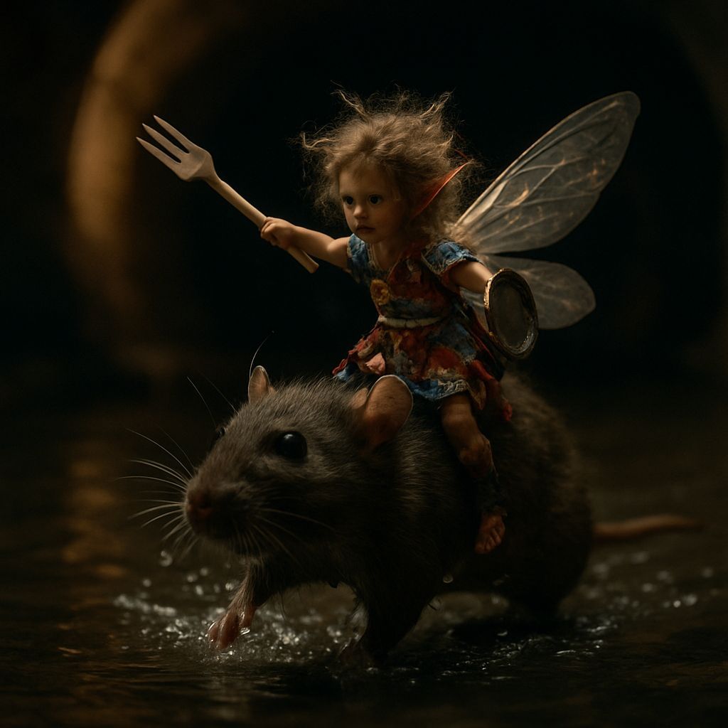 Fairy Rides Rat Through Sewer, Cinematic Still