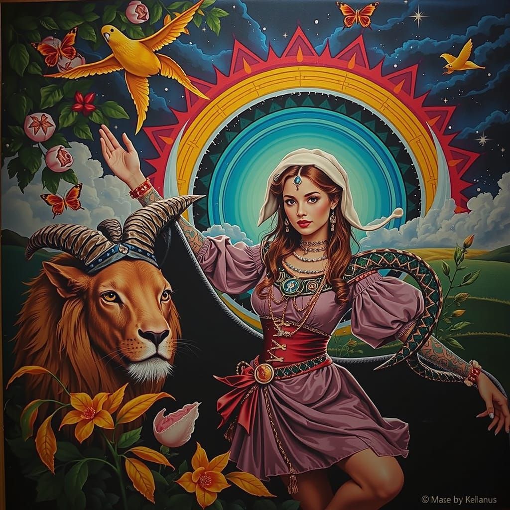 Mythical Chimera with Teal Hair and Yellow Flower