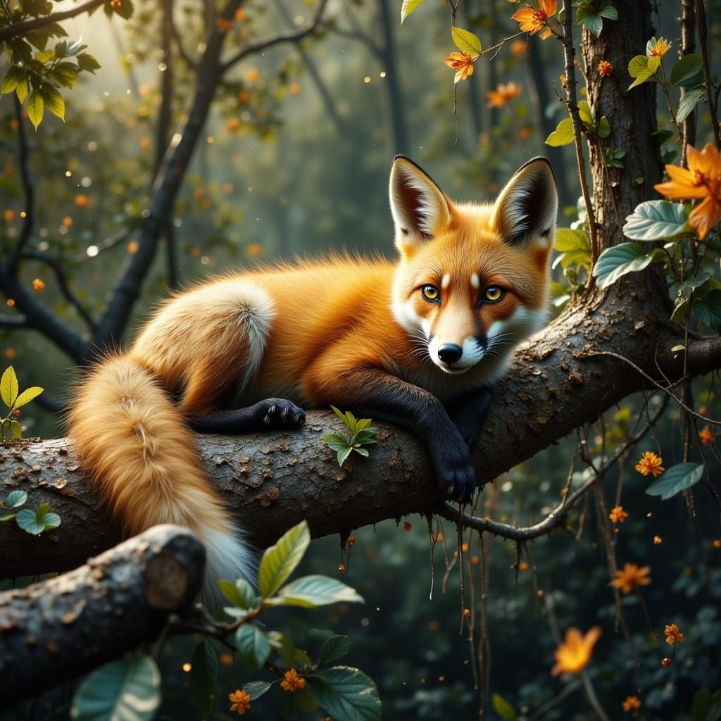 Relaxed Fox Perched High on a Tree Branch