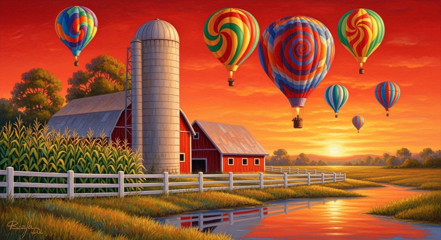 Rural Sunset with Balloons in Oil Painting Style
