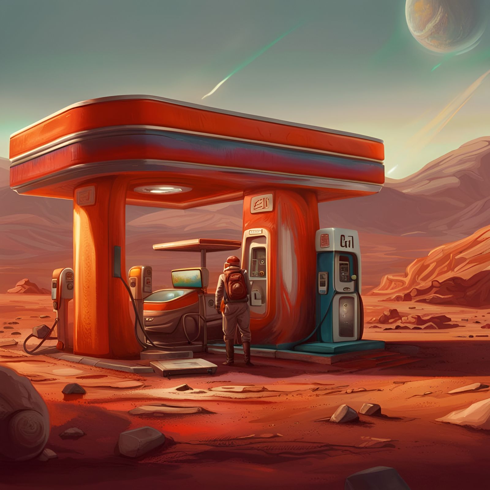 Retro Gas Station on Mars: Hyperrealistic Splash Art