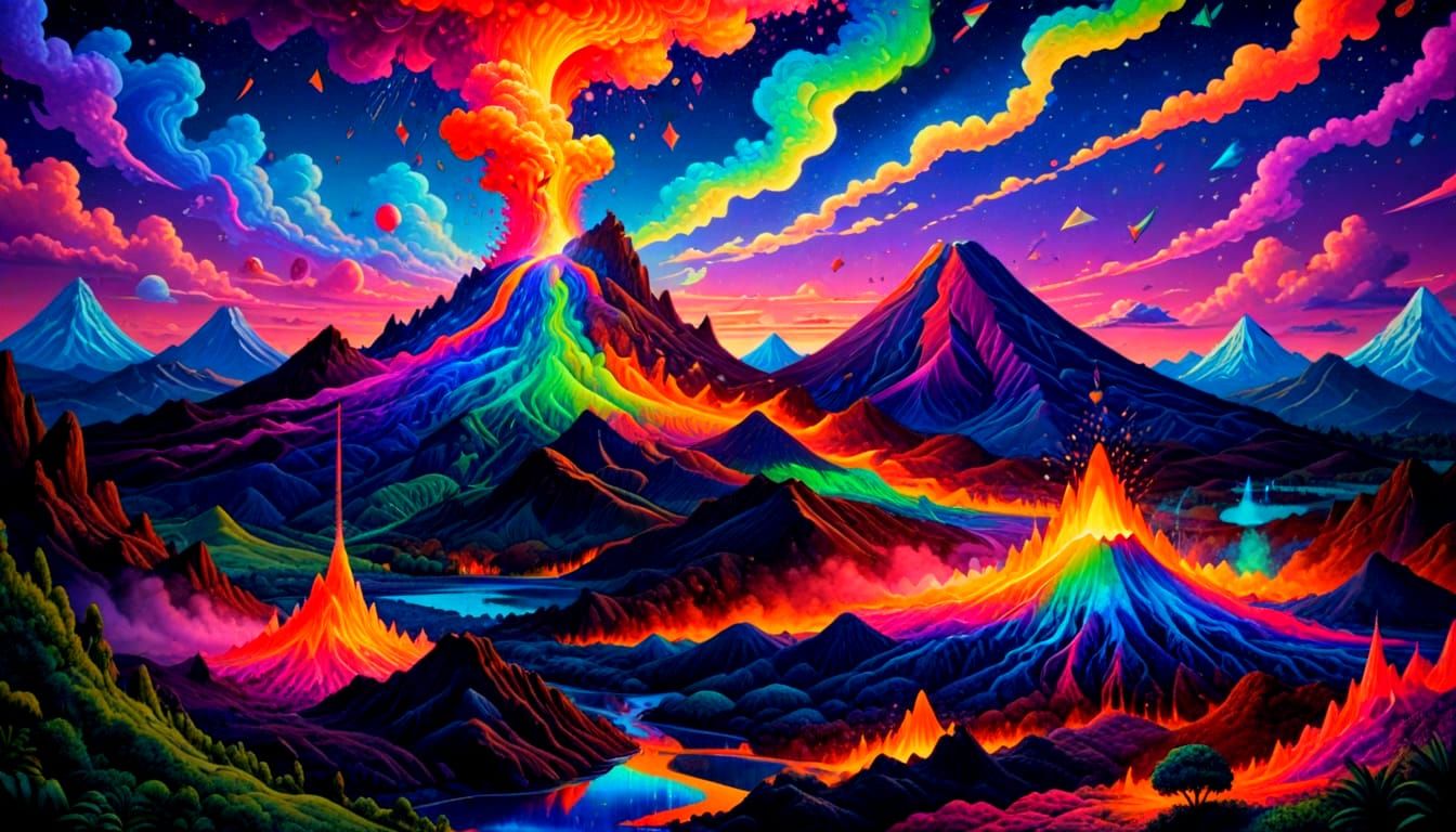 Ethereal Volcanic Landscapes in Vibrant Neon Hues
