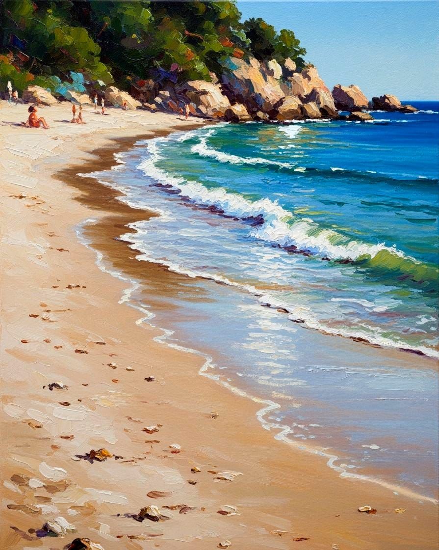 Luminous Beach Scene Oil Painting in Mediterranean Style