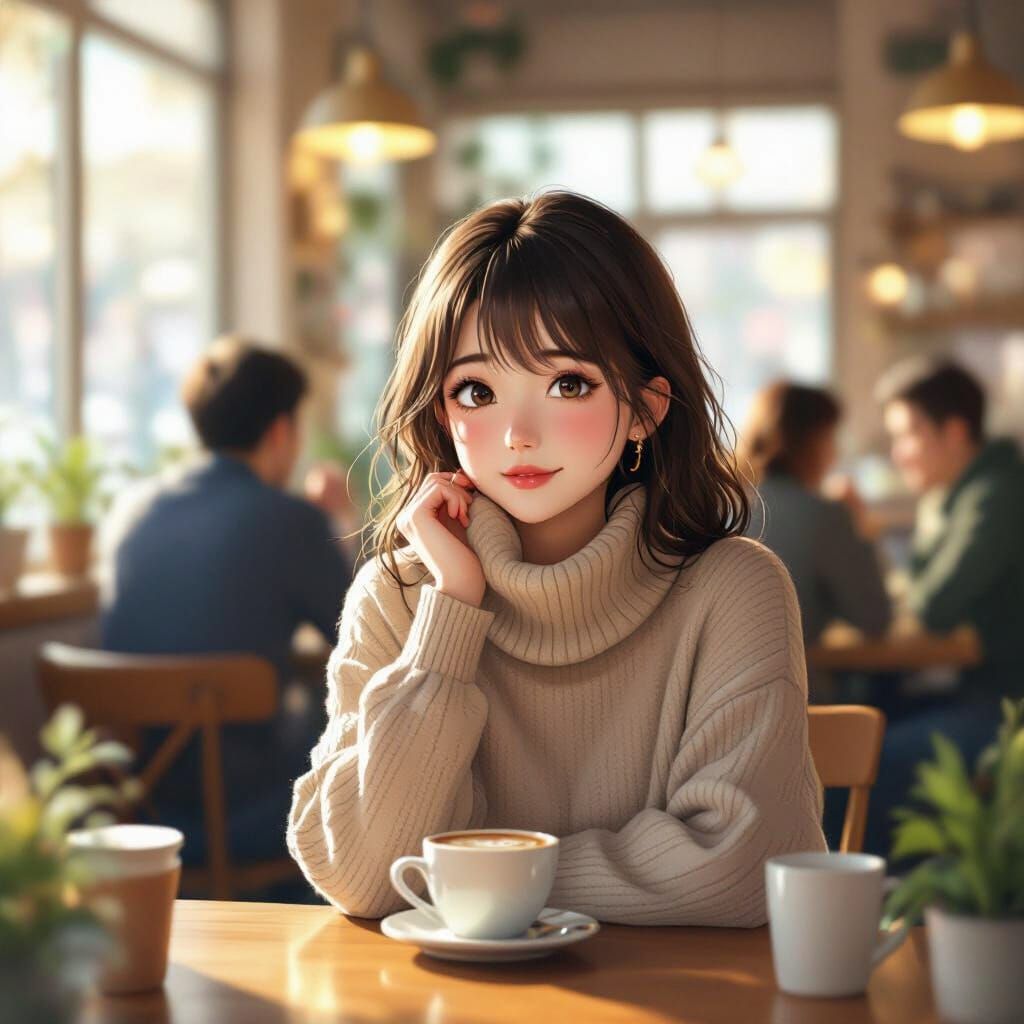 Cute Girl in Cafe with Bokeh and Warm Lighting
