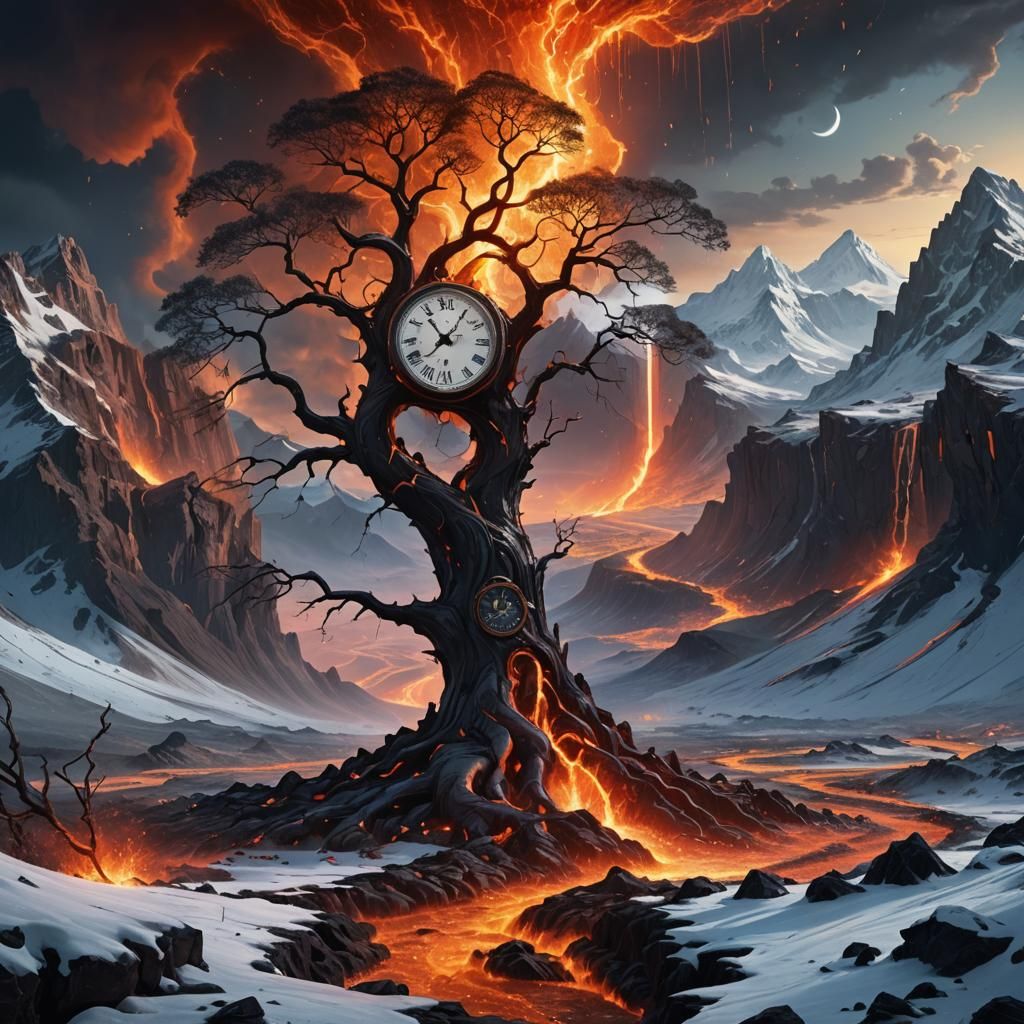 Tree of Time: Ice and Lava Clock in Surreal Landscape
