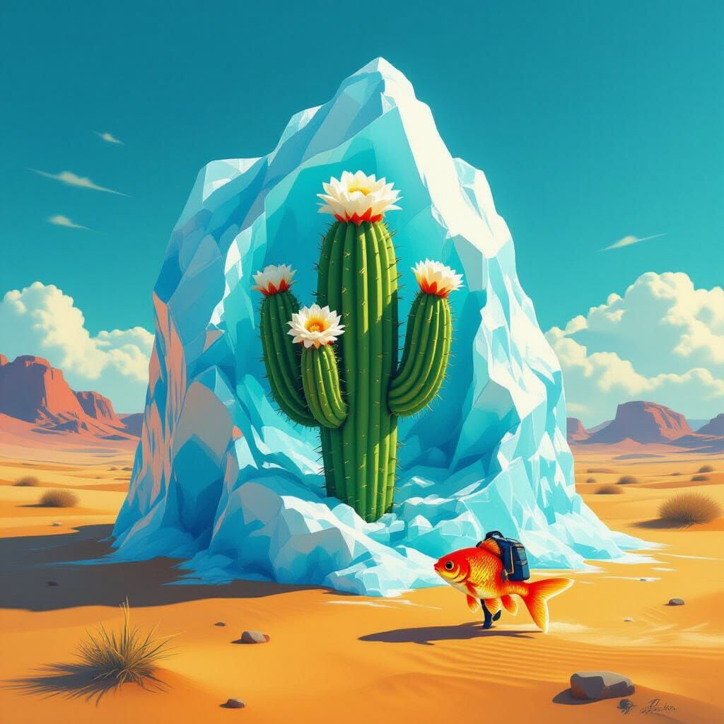 Surreal Cactus in Iceberg Meets Desert Goldfish
