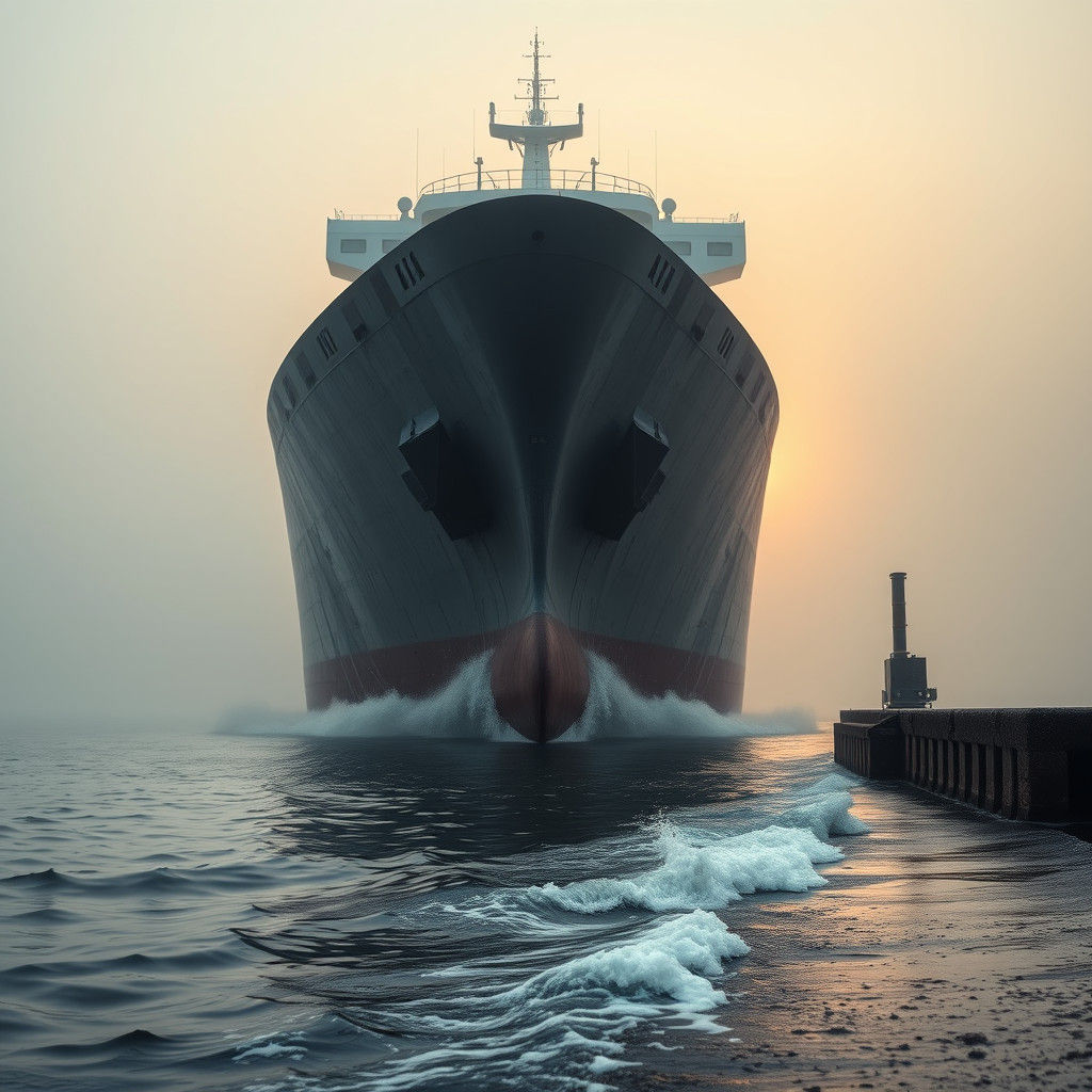 Large Ship Emerges from Fog: Hyperrealistic Maritime Scene