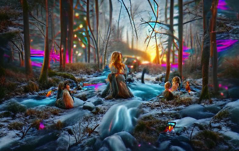 Neon River Fairies Making Music in Winter Sunset