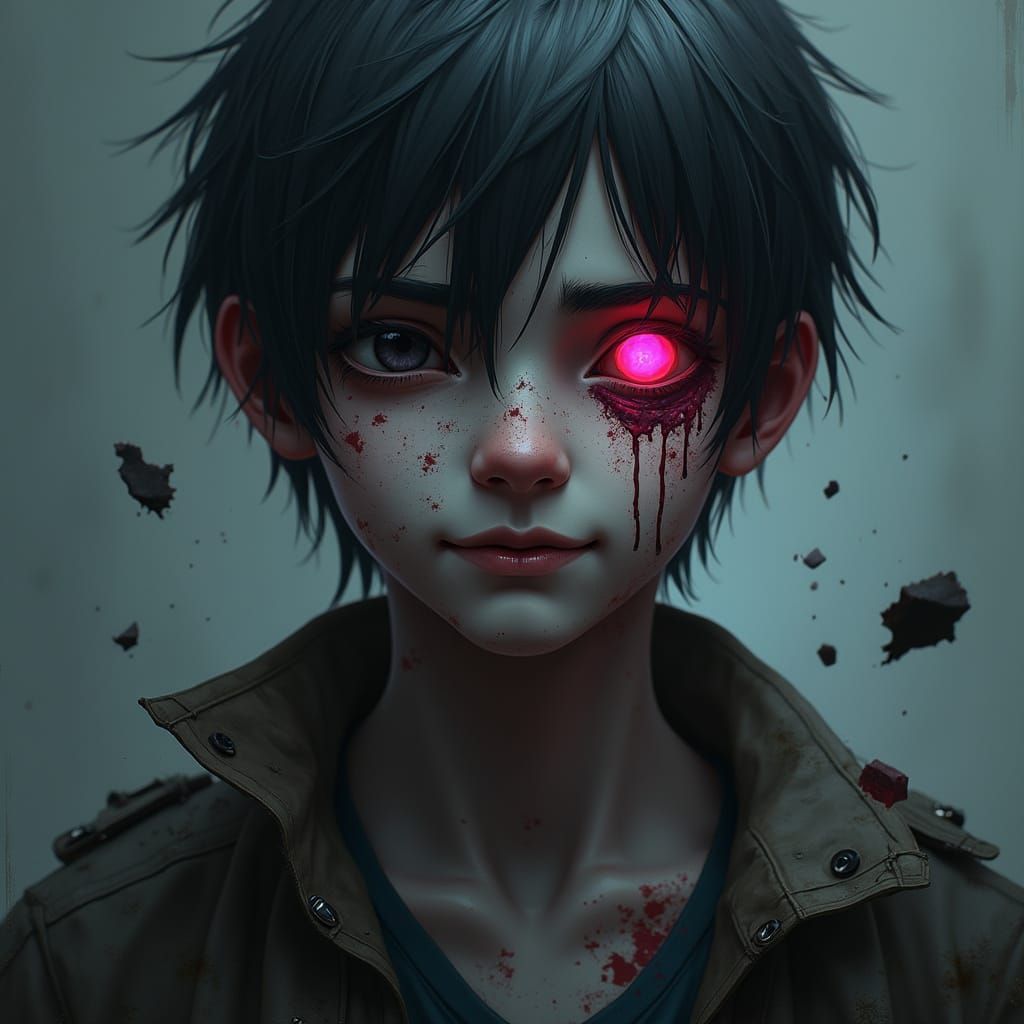 Shattered Face with Glowing Eye in Emotional Style