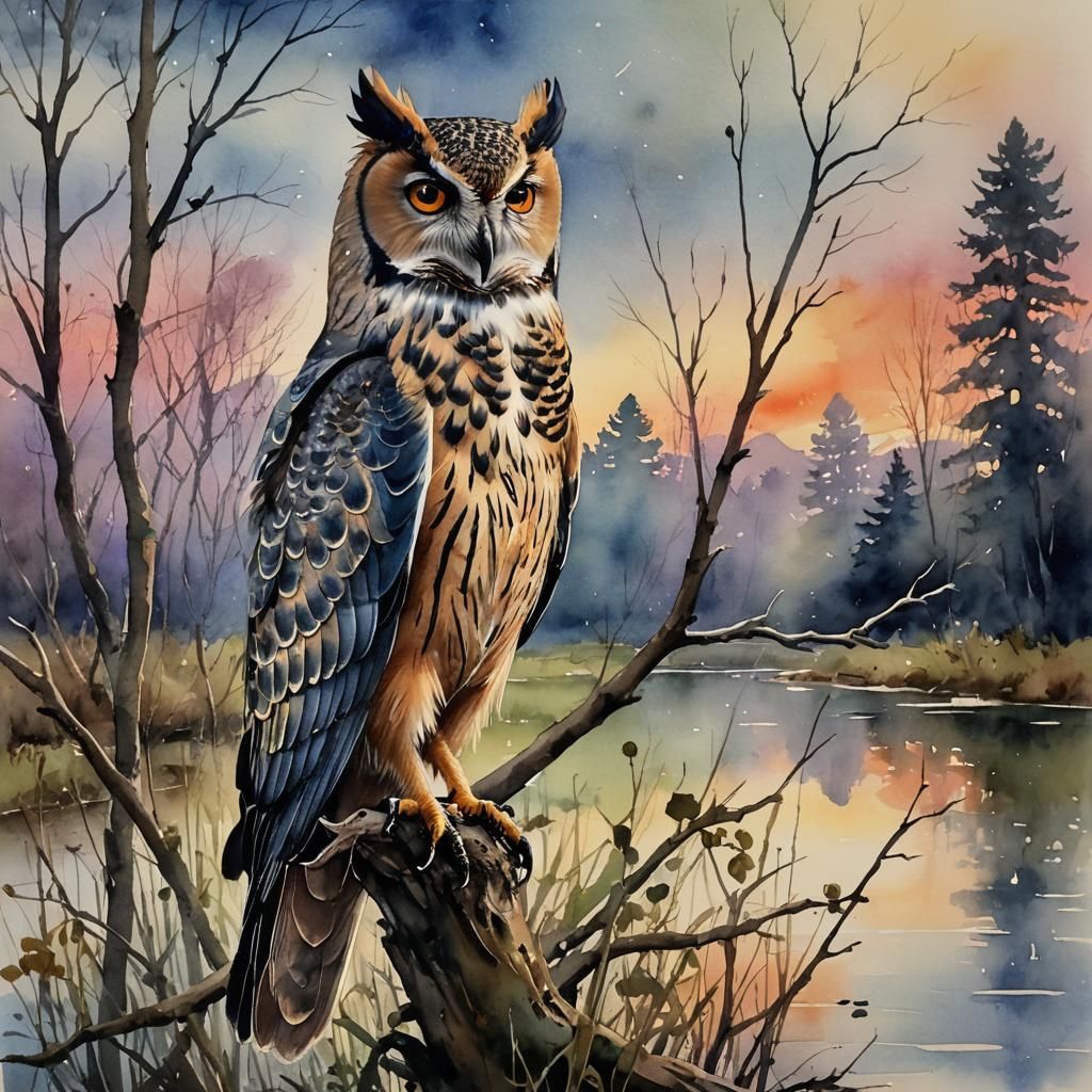 Watercolor Owl with Emojis at Dusk
