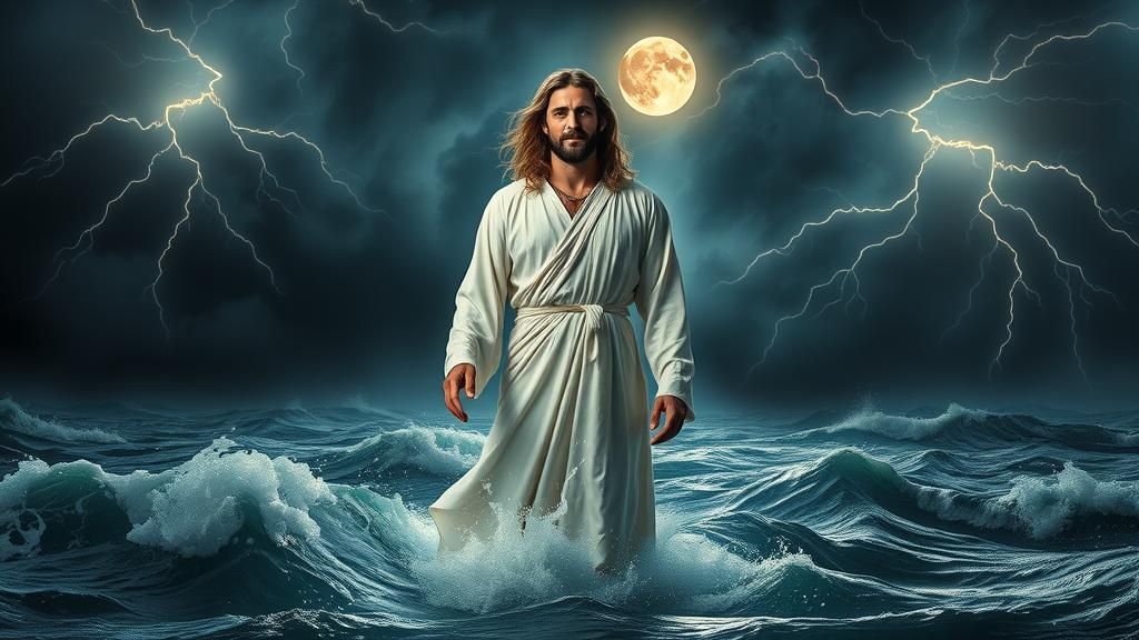 Jesus Christ Walks on Water in Storm, Photorealistic