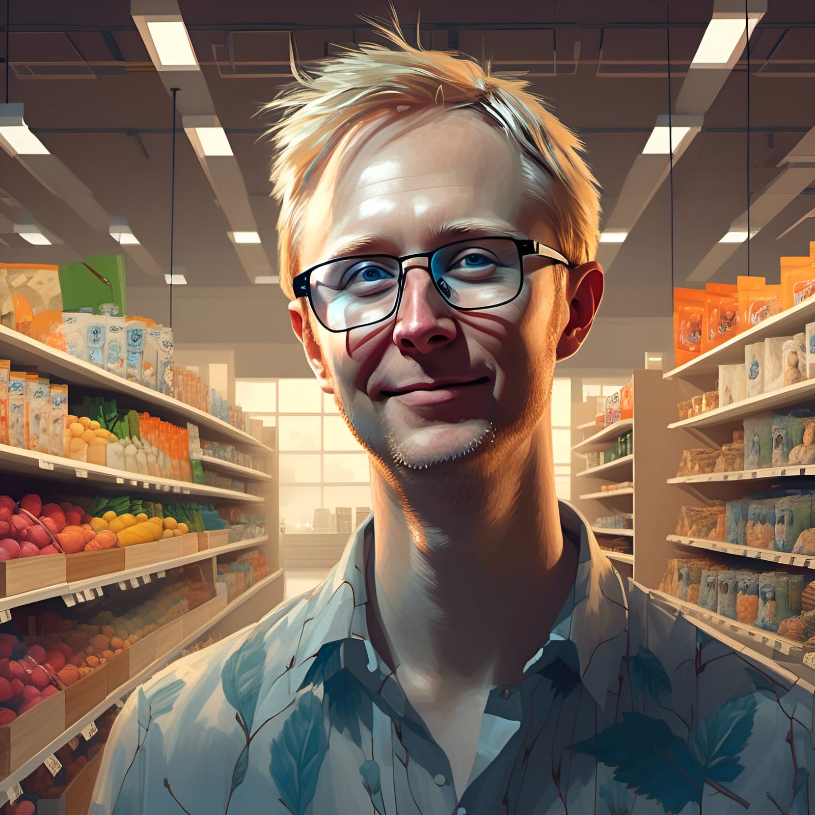 Handsome Man at Grocery Store: Digital Illustration