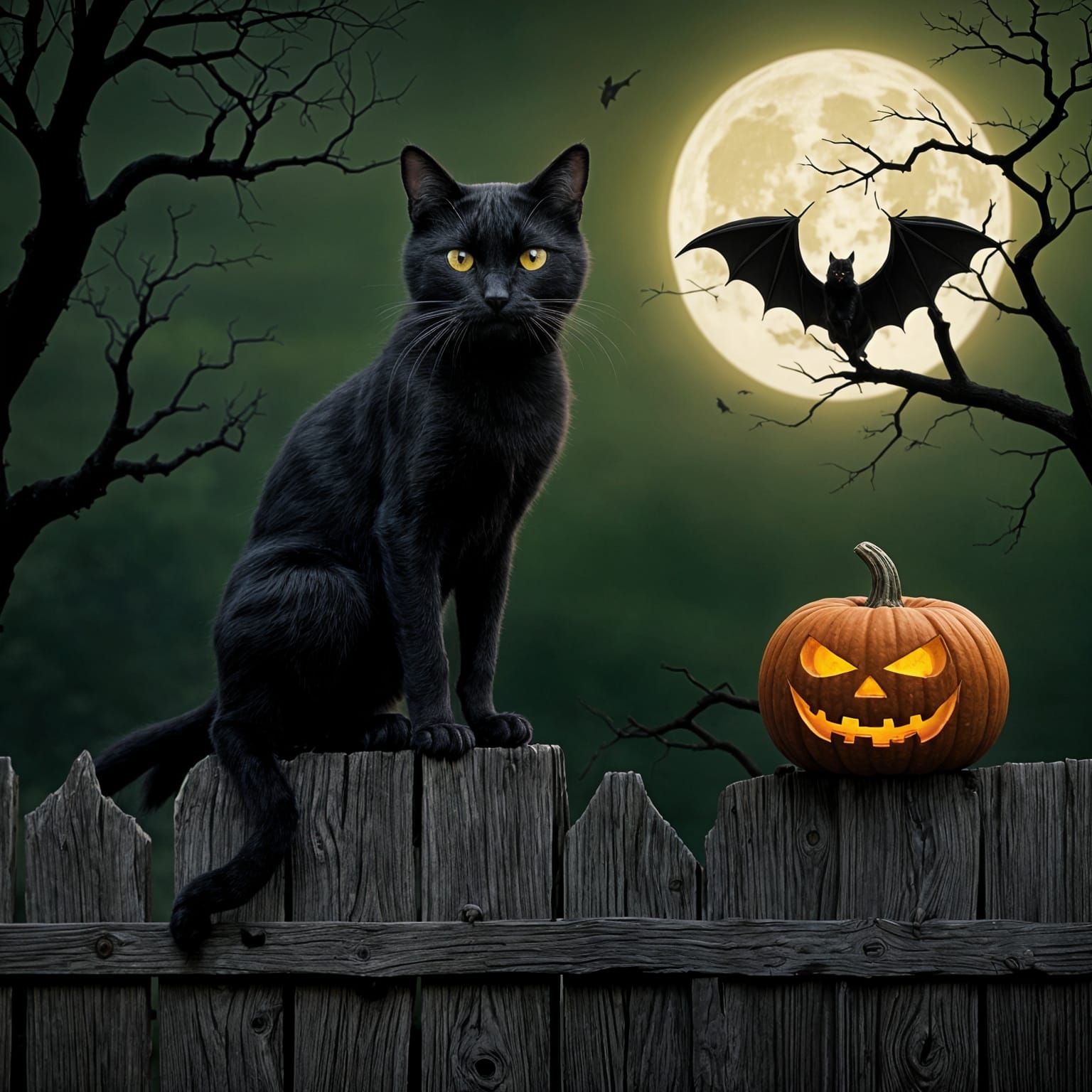 Scary Jack-o-Lantern with Black Cat and Bats