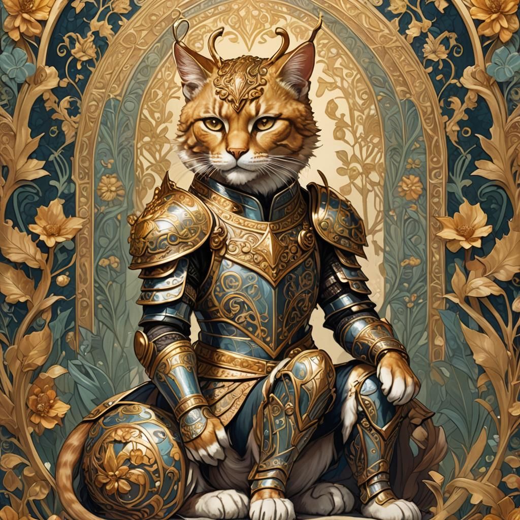 Anthro Feline Knight on Deer, Art Nouveau Style