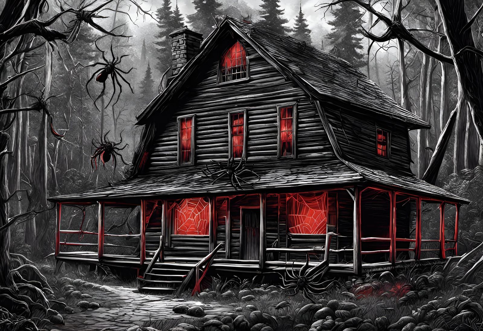 Horror Illustration: Spiders Swarming Cabin in Woods