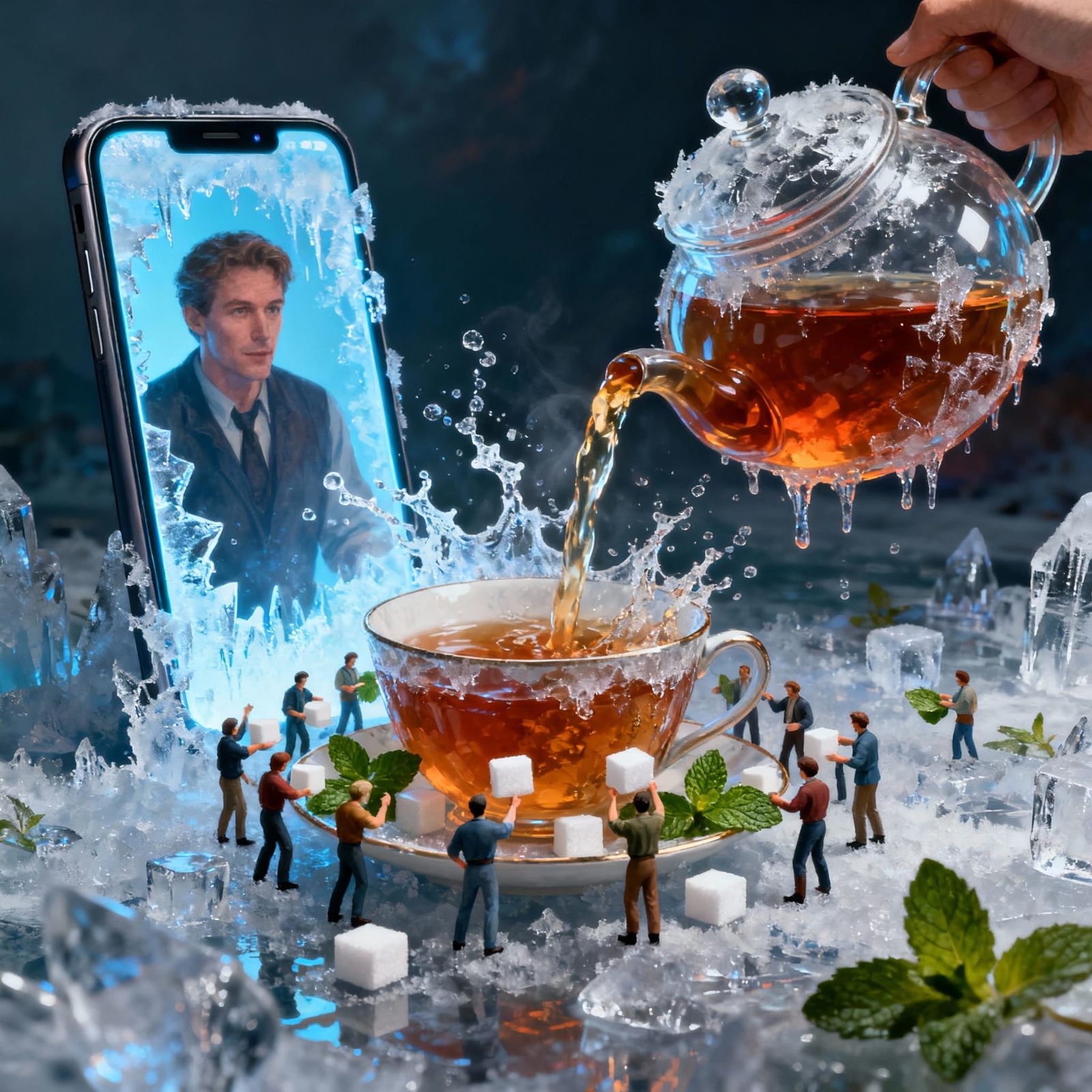 Man Pours Tea From Phone Screen in Surreal Digital Art