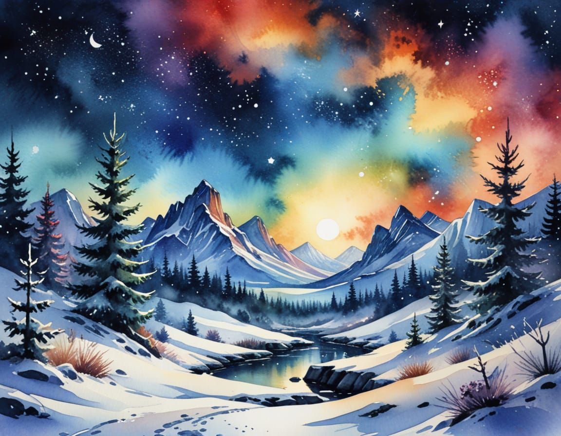 Cosmic Christmas Landscape in Watercolor Style
