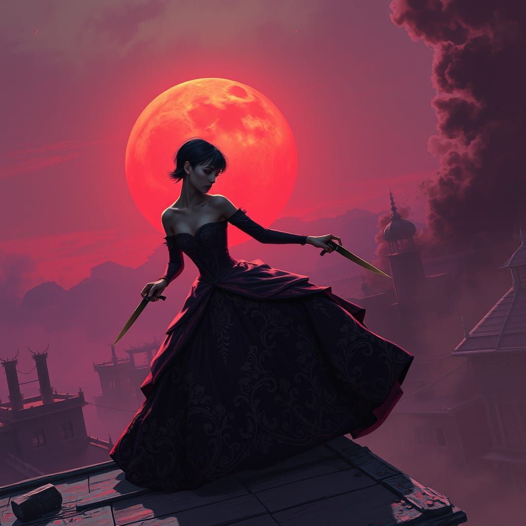 Dark Fantasy Warrior Prepares for Battle Under a Blood Red S...