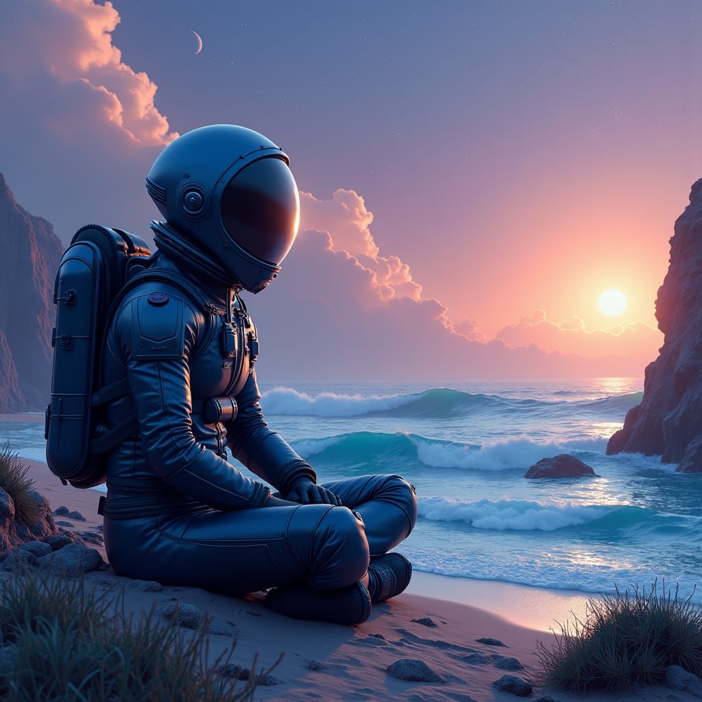 Astronaut Contemplates Alien Sunset on Distant Planet